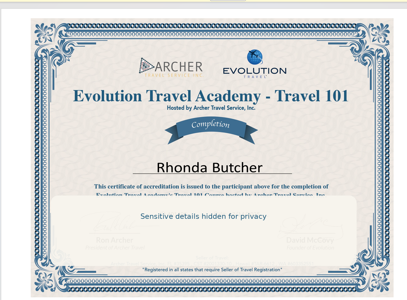 Evolution Travel Academy — Travel 101 certificate of completion awarded to Rhonda Butcher, hosted by Archer Travel Service, Inc.