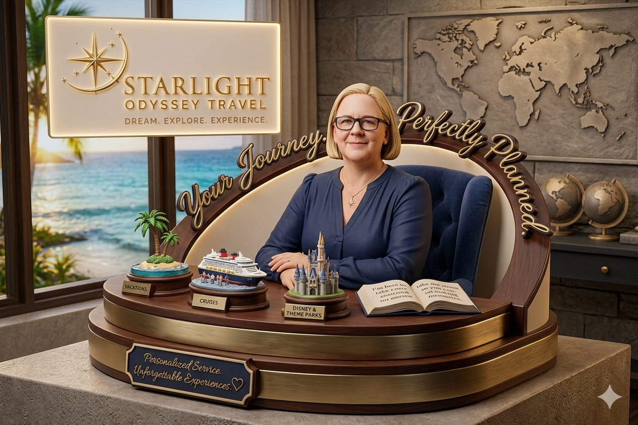 Rhonda Butcher — founder of Starlight Odyssey Travel — at her boutique travel planning desk